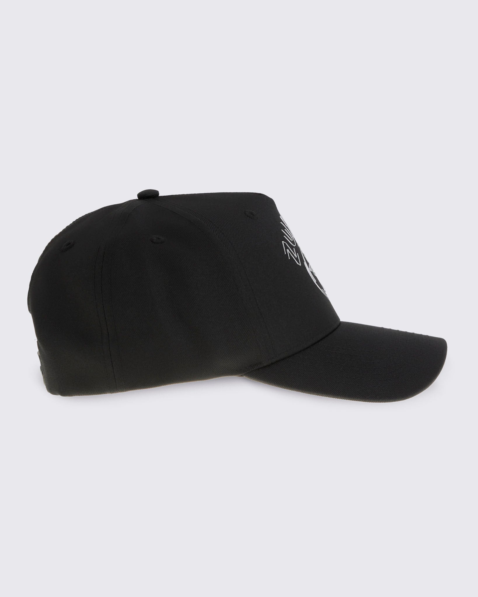 Black baseball cap with curved brim, shown in side profile against a light gray background.