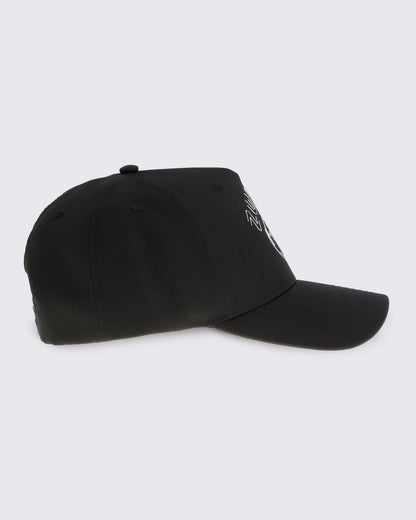 Black baseball cap with curved brim, shown in side profile against a light gray background.