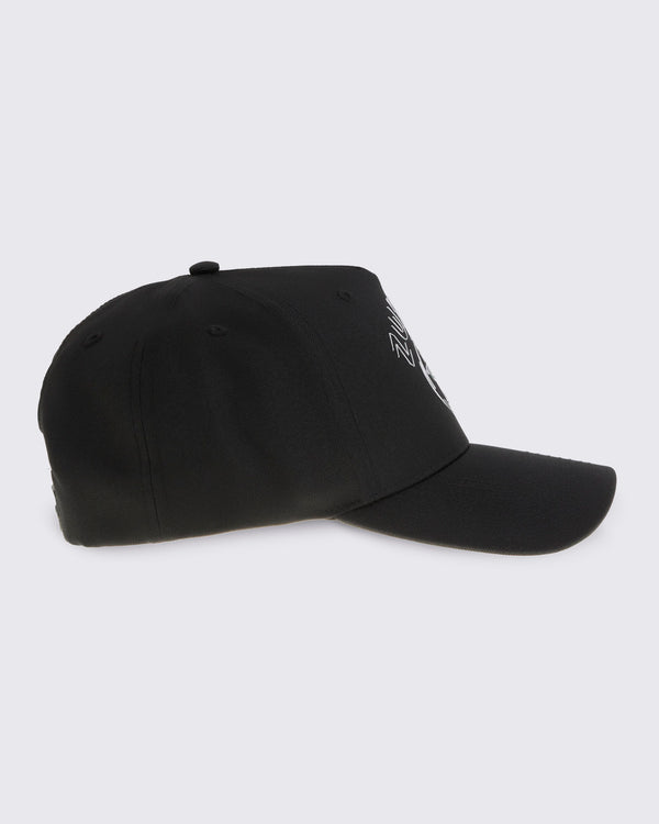 Black baseball cap with curved brim, shown in side profile against a light gray background.