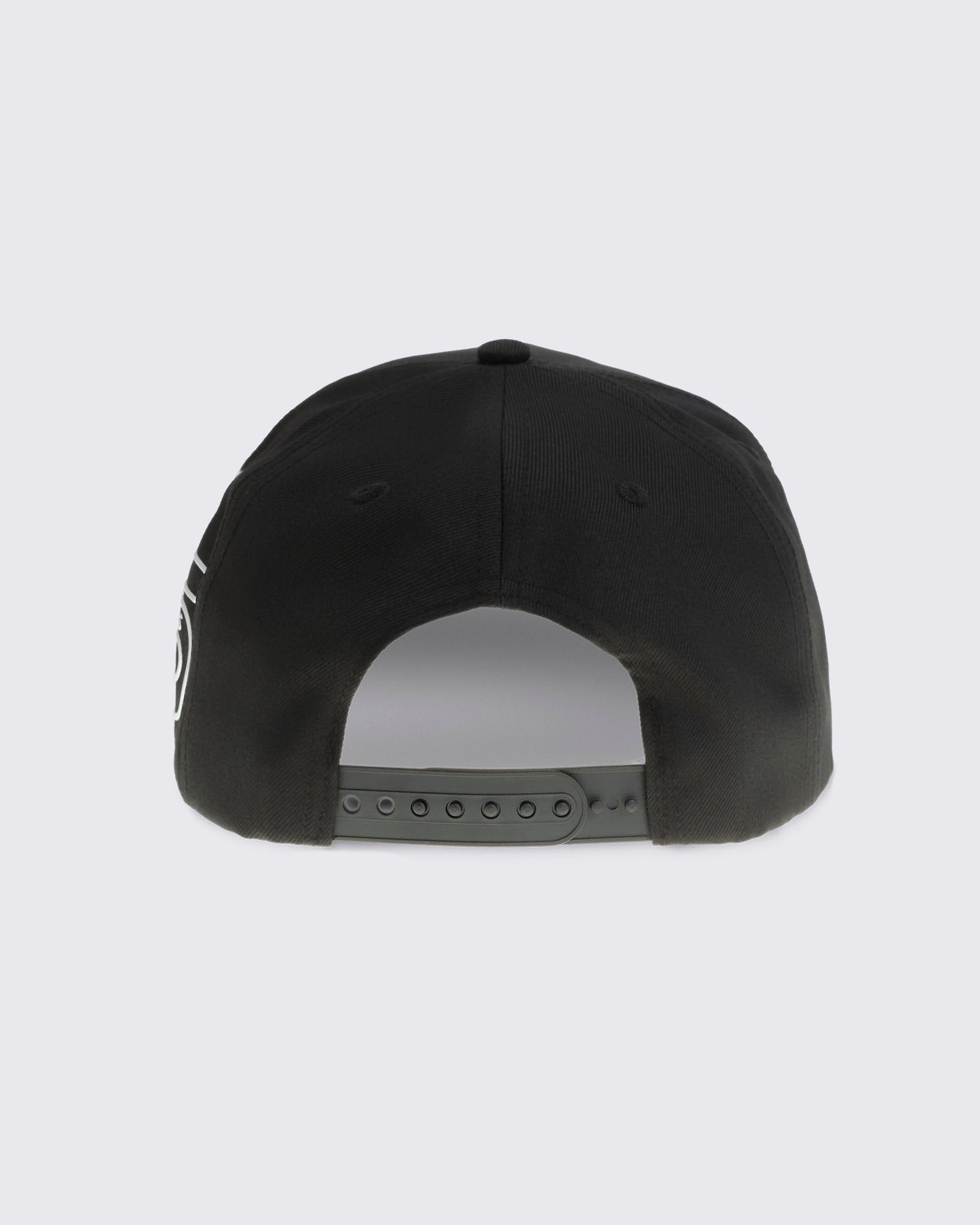 Black baseball cap with curved brim and adjustable snapback closure, shown from the back against a light gray background.