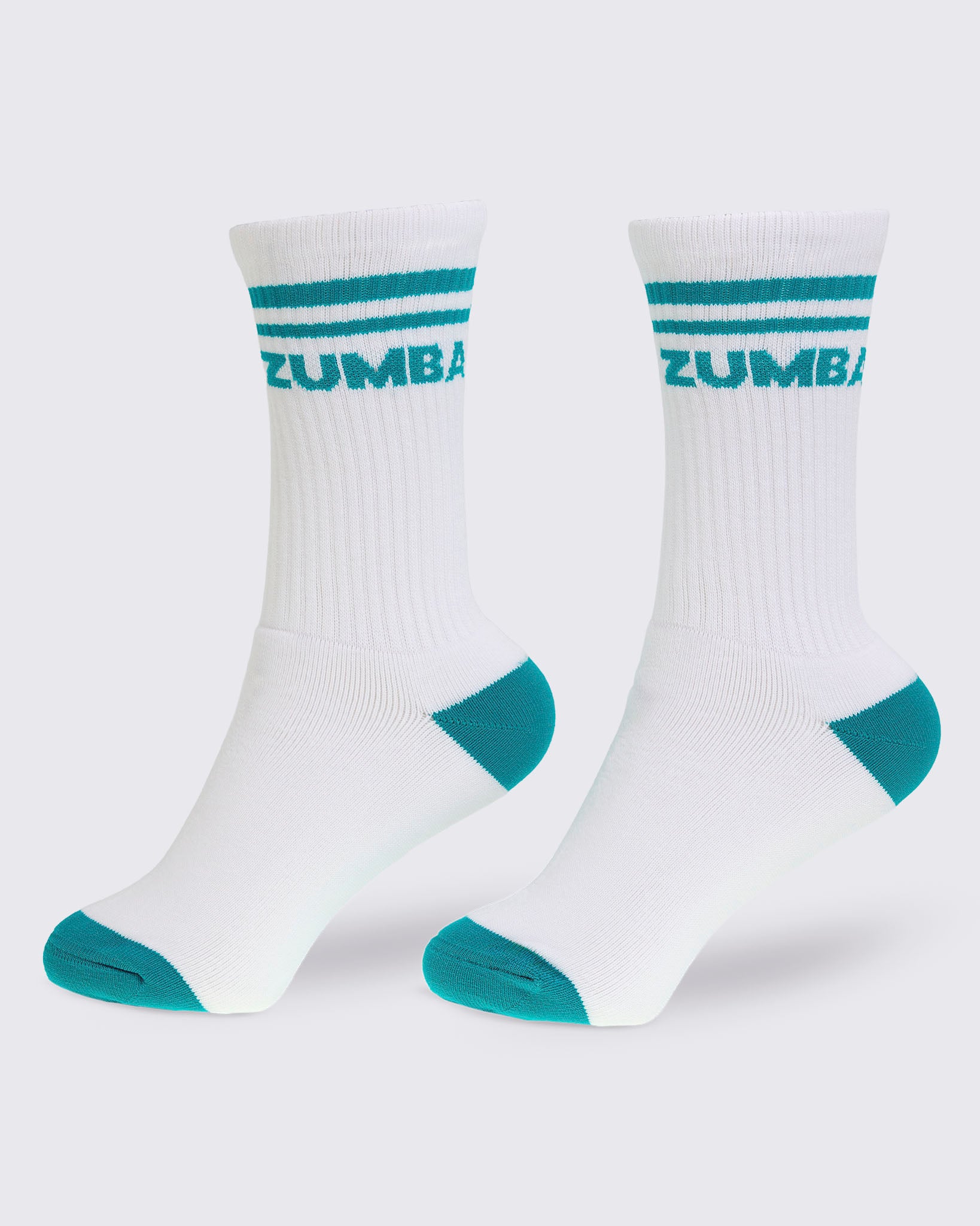 White crew socks featuring aqua stripes, an aqua heel and toe, and aqua "ZUMBA" text.