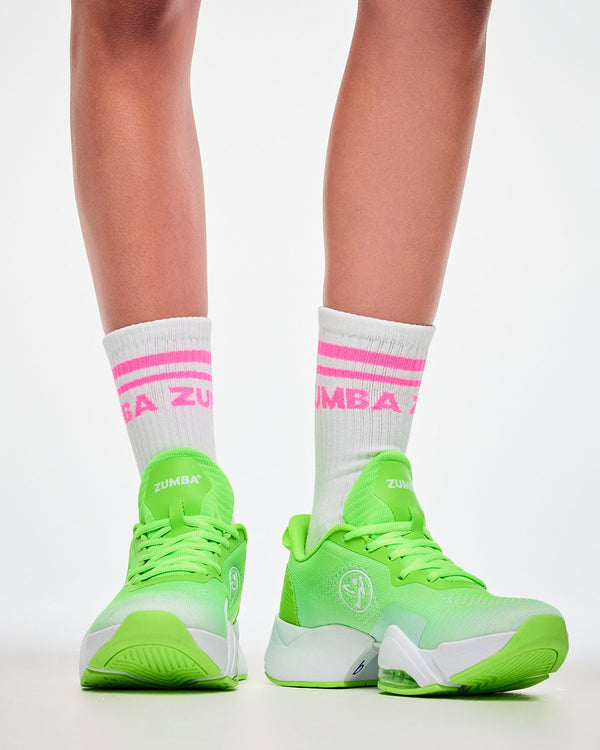 Close-up of white crew socks with pink stripes and 
