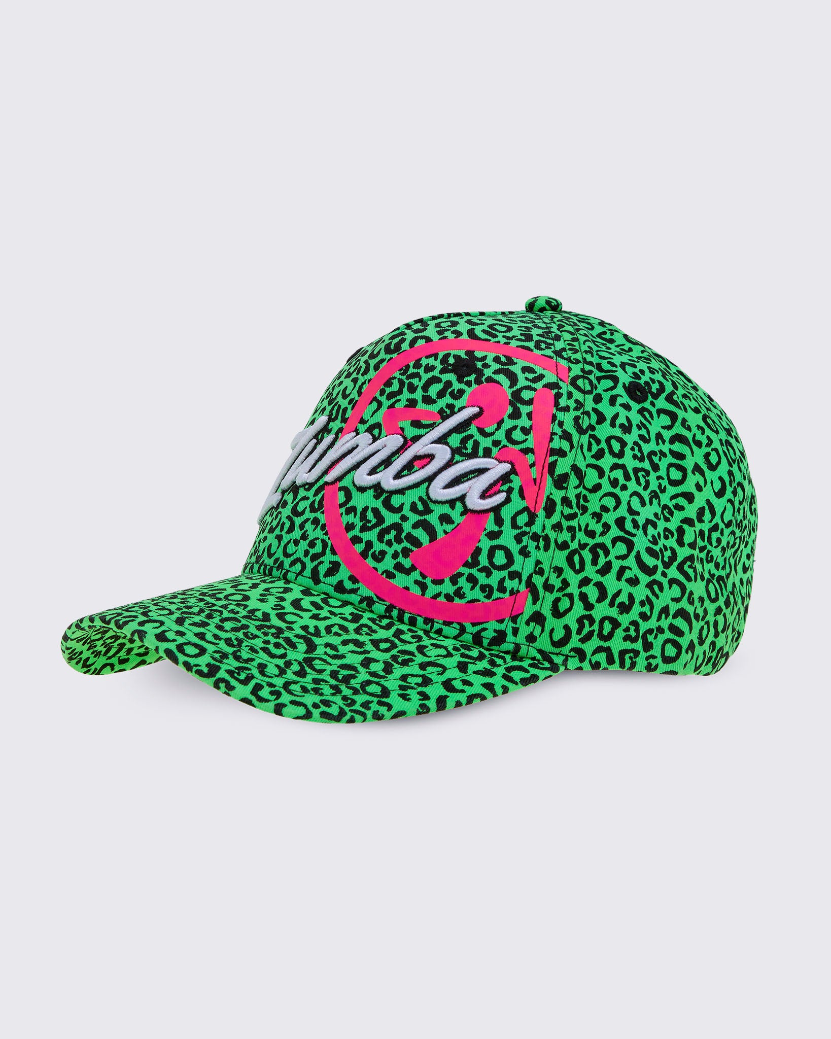 A green and black leopard print baseball cap, from the left side, featuring a large embroidered 'Zumba' logo in white with a pink Zumbito on the front, set against a white background.