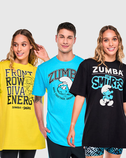 Two female models and a male model wearing three tees from the pack: yellow 'FRONT ROW DIVA ENERGY' with Smurfette, blue 'ZUMBA' with a Smurf face, and black 'ZUMBA' and 'THE SMURFS' with a walking Smurf.