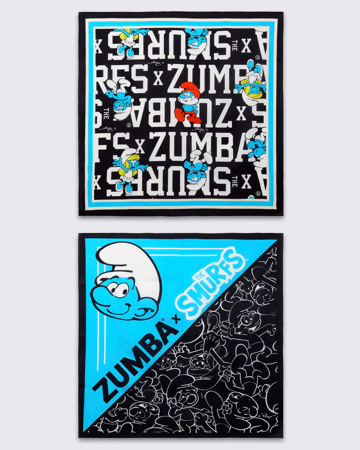 Two square bandanas laid flat. One has an all-over black and white 'ZUMBA' X 'THE SMURFS' varsity text print with Papa Smurf, Smurfette, and other Smurfs inside a blue and white border. The other is split diagonally into a blue half with a large Smurf face and 'ZUMBA' X 'THE SMURFS' text, and a black half covered in white line-drawn Smurfs.