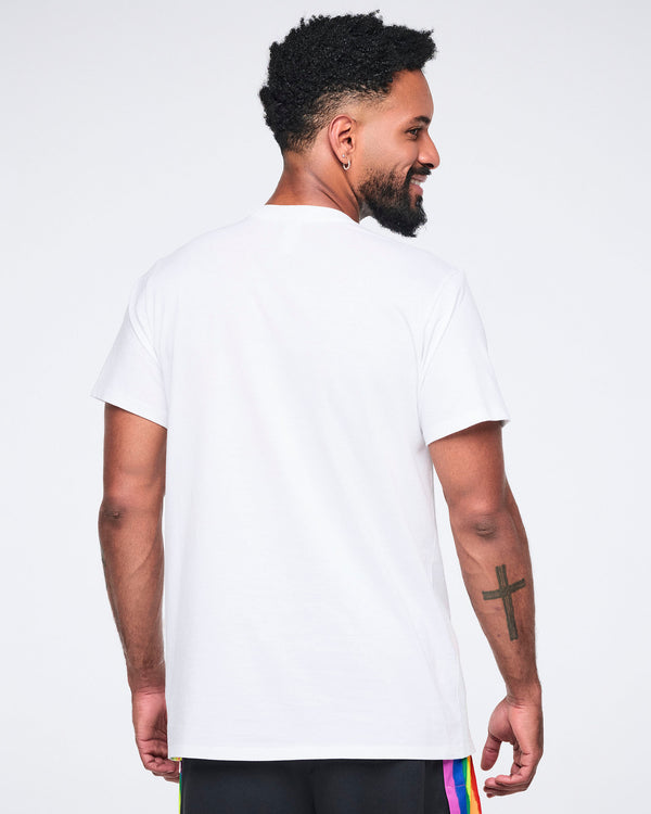 Back view of male model wearing a white t-shirt standing against a white background.