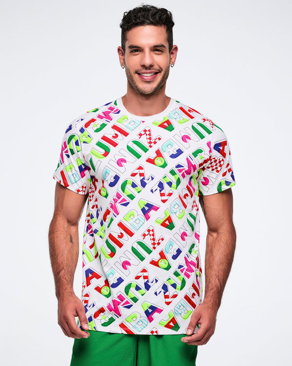 Male model wearing a colorful patterned t-shirt on a white background.