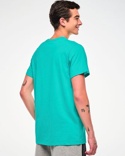 Shown from the back, male model wearing an aqua tee.