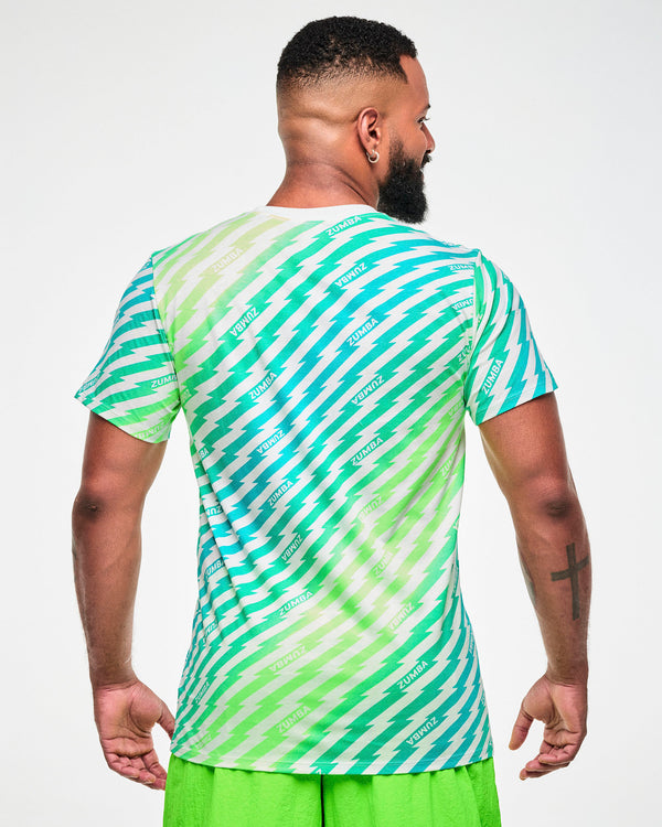Male model wearing a green and aqua lightning bolt-striped tee with 