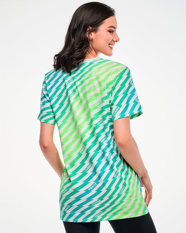 Female model wearing a green and aqua lightning bolt-striped tee with 